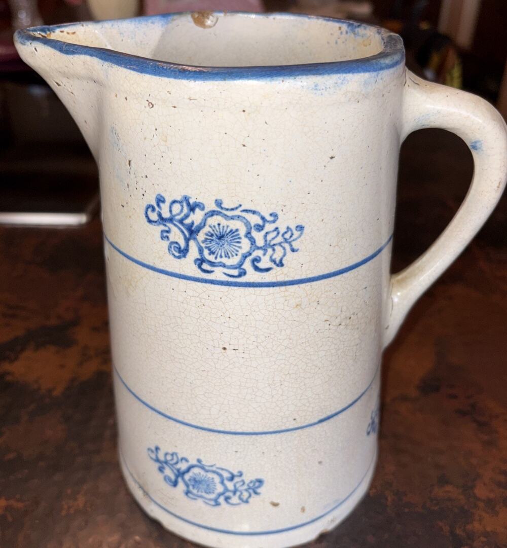 Antique Blue White Stoneware Pitcher Hull Band Stripe Flower Medallion Design